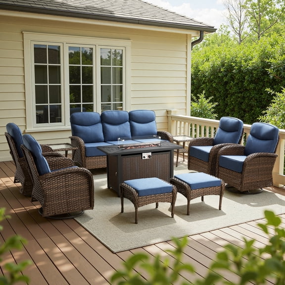 Opohoro 10-Piece Outdoor Conversation Set with 41" Metal Fire Pit Table, Brown Rattan Sofa Set with 4 Swivel Rocker Chairs and Ottomans, Blue for Patio Backyard