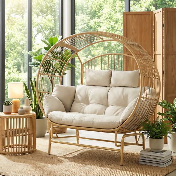 Opohoro 2-Person Glider Egg Chair with Cushions, Egg-Style Wicker Loveseat Gliding Chair for Patio, Porch & Backyard