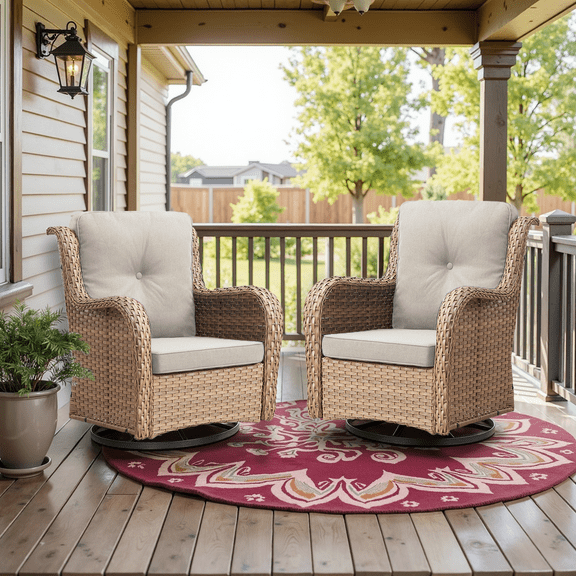 Opohoro 2-Piece Wicker Rattan Swivel Rocking Glider Chairs with Cushions for Patio, Porch, Backyard