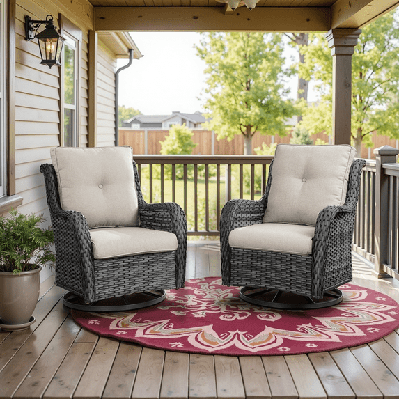 Opohoro 2-Piece Wicker Rattan Swivel Rocking Glider Chairs with Cushions for Patio, Porch, Backyard