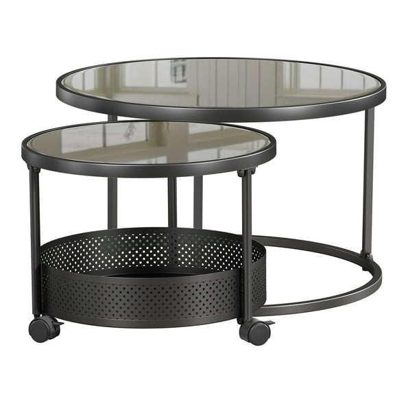 Opohoro 27.8" Round Nesting Coffee Table, Set of 2, with Storage Basket and Tempered Glass Tops, Black