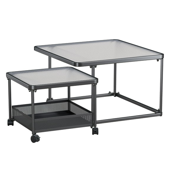 Opohoro 27.8" Square Nesting Coffee Table, Set of 2, with Storage Basket and Tempered Glass Tops, Black
