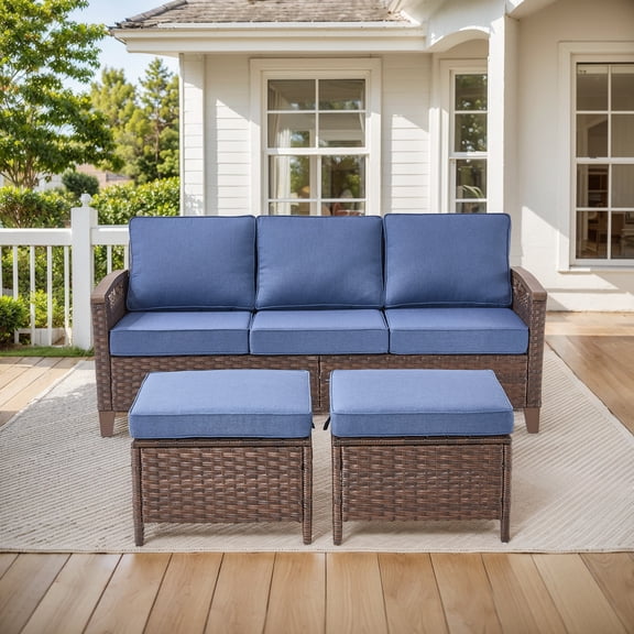Opohoro 3-Piece Outdoor Deep Seating Patio Sofa Set, with Cushions and Ottomans for Porch Garden, Blue