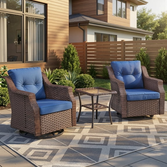 Opohoro 3-Piece Outdoor Wicker Swivel Rocker Seating Group with Side Table and Double Button Back Cushions for Porch or Backyard, Blue