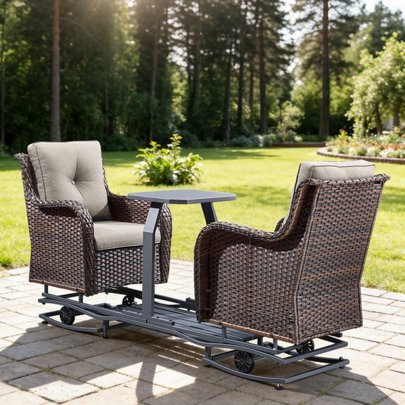 Opohoro 3-Piece Patio Glider Chairs Set with Side Table, Face-to-Face Wicker Outdoor Rocking Seating for 2, Beige