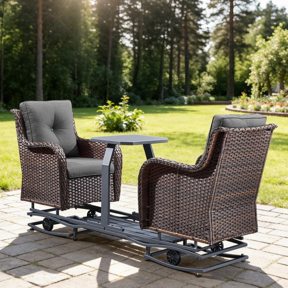 Opohoro 3-Piece Patio Glider Chairs Set with Side Table, Face-to-Face Wicker Outdoor Rocking Seating for 2, Gray