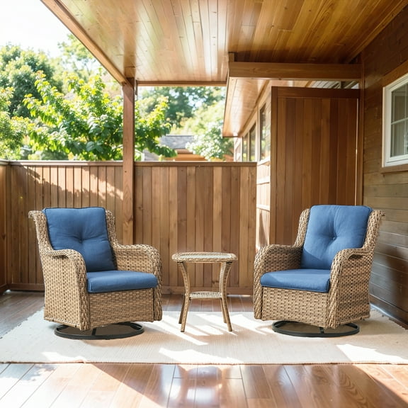 Opohoro 3-Piece Patio Wicker Swivel Rocking Chairs with Cushions and Tempered Glass Side Table