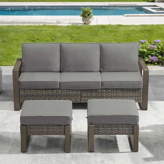 Opohoro 3-Pieces 75" Outdoor Patio Sofa, 3-Seat PE Rattan Couch with Cushions and Ottomans, Gray/Gray