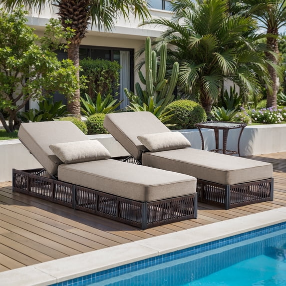 Opohoro 3-Pieces Adjustable Outdoor Rattan Wicker Chaise Lounge Set, Outdoor Reclining Chairs with Side Table for Garden Pool Backyard Deck, Beige