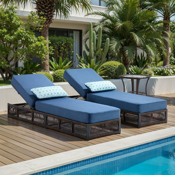 Opohoro 3-Pieces Adjustable Outdoor Rattan Wicker Chaise Lounge Set, Outdoor Reclining Chairs with Side Table for Garden Pool Backyard Deck, Blue