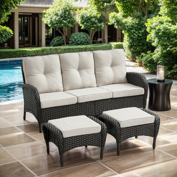 Opohoro 3-Pieces Outdoor Patio Sofa with Ottomans for Porch or Backyard, Black/Beige