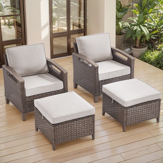 Opohoro 4-Piece Outdoor Wicker Patio Lounge Chairs Set with Ottomans for Patio, Porch, or Garden