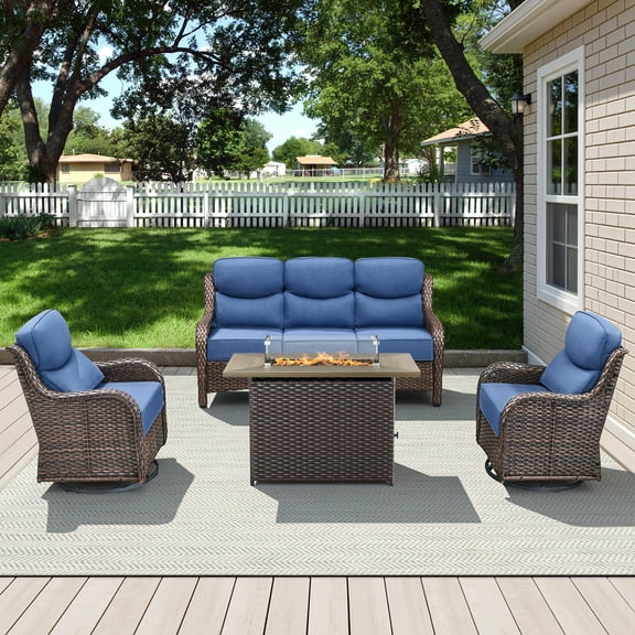 Opohoro 4 Pieces Outdoor Conversation Set with 41" Rectangular Fire Pit Table, Brown Rattan Sofa Set with Swivel Rocker Chairs, Blue for Patio Backyard Deck
