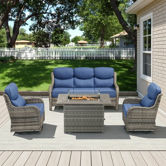 Opohoro 4 Pieces Outdoor Conversation Set with 41" Rectangular Fire Pit Table, Gray Rattan Sofa Set with Swivel Rocker Chairs, Blue for Patio Backyard Deck