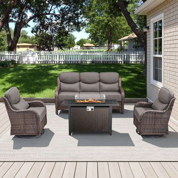 Opohoro 4 Pieces Outdoor Conversation Set with 43" Rectangular Fire Pit Table, Brown Rattan Sofa Set with Swivel Rocker Chairs, Gray for Patio Backyard Deck