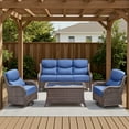 thumbnail image 1 of Opohoro 4 Pieces Outdoor Conversation Set, Brown Rattan Sofa Set with Swivel Rocker Chairs and Coffee Table, Blue for Patio Backyard Porch, 1 of 11