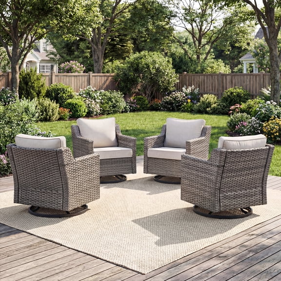 Opohoro Outdoor Swivel Rocker Patio Chairs Set of 4, High Back Wicker Glider Chairs with Beige Cushions for Porch, Deck, Balcony