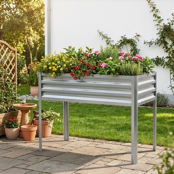 Opohoro 48x24x30in Elevated Galvanized Steel Raised Garden Bed with Legs, Outdoor Metal Planter Box with Drainage Hole