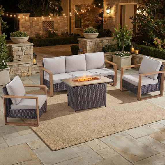 Opohoro 4PCS Outdoor Conversation Set with 43" Wicker Fire Pit Table, Brown Rattan Sofa Set with Lounge Chairs, Beige for Patio Backyard