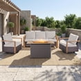 thumbnail image 1 of Opohoro 4PCS Outdoor Conversation Set with 43" Wicker Fire Pit Table, Brown Rattan Sofa Set with Swivel Rocker Chairs, Beige for Patio Backyard, 1 of 13