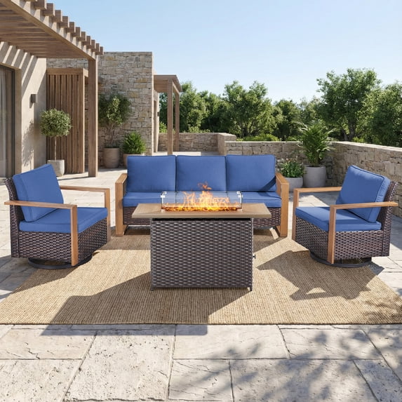 Opohoro 4PCS Outdoor Conversation Set with 43" Wicker Fire Pit Table, Brown Rattan Sofa Set with Swivel Rocker Chairs, Blue for Patio Backyard