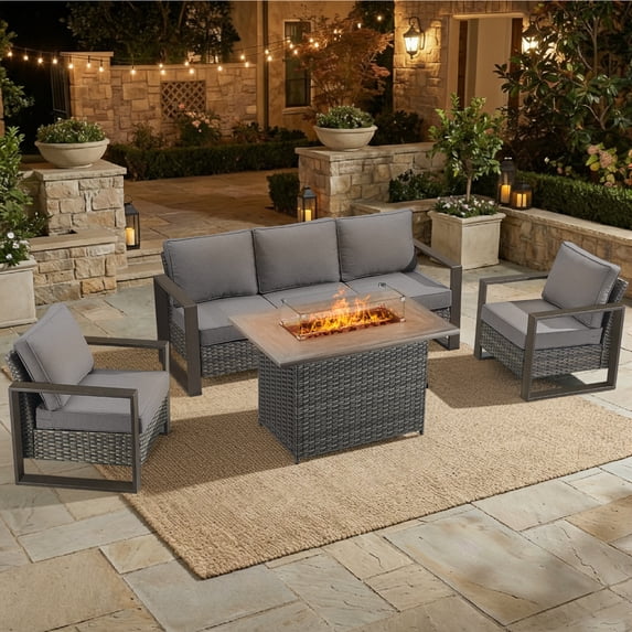 Opohoro 4PCS Outdoor Conversation Set with 43" Wicker Fire Pit Table, Gray Rattan Sofa Set with Lounge Chairs, Gray for Patio Backyard