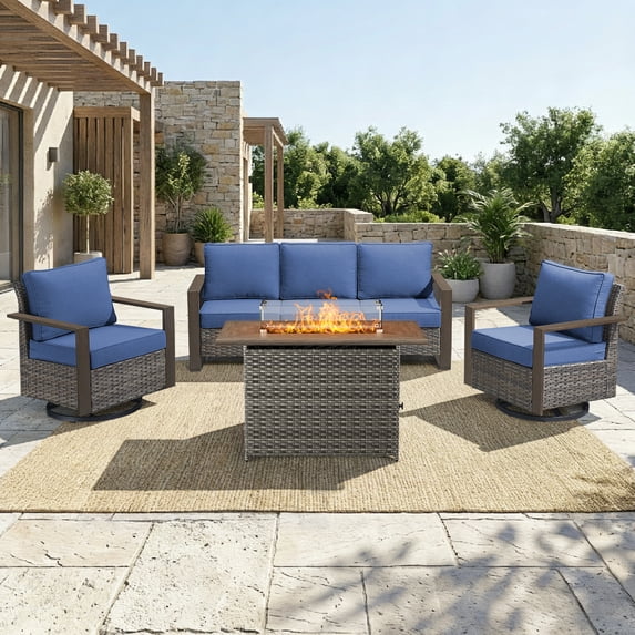 Opohoro 4PCS Outdoor Conversation Set with 43" Wicker Fire Pit Table, Gray Rattan Sofa Set with Swivel Rocker Chairs, Blue for Patio Backyard