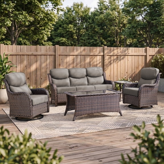 Opohoro 5 PCS Outdoor Patio Conversation Set, Weather Resistant Rattan Sofa Set with Patio Swivel Chairs, Side Table and Coffee Table for Porch, Backyard, Brown/Gray
