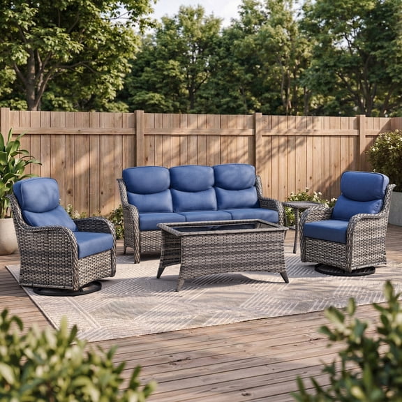 Opohoro 5 PCS Outdoor Patio Conversation Set, Weather Resistant Rattan Sofa Set with Patio Swivel Chairs, Side Table and Coffee Table for Porch, Backyard, Gray/Blue