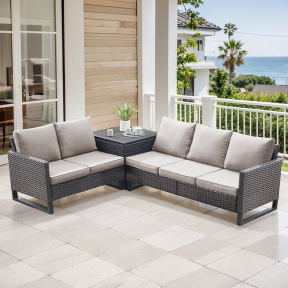 Opohoro 5 Person All-Weather Wicker Outdoor Patio Sectional Sofa Set With Storage Box and Beige Cushion, for Deck Backyard