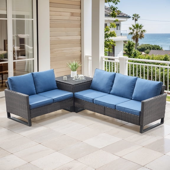 Opohoro 5 Person All-Weather Wicker Outdoor Patio Sectional Sofa Set With Storage Box and Blue Cushion, for Deck Backyard