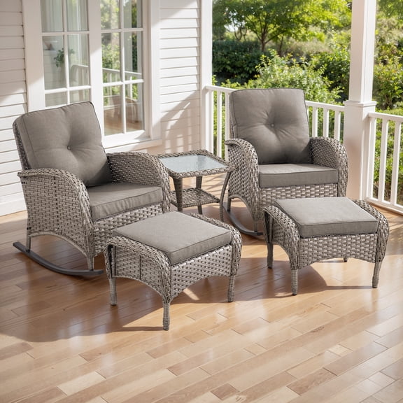 Opohoro 5-Piece Outdoor Conversation Set with Glider Chairs, Ottomans & Side Tables, Gray/Gray
