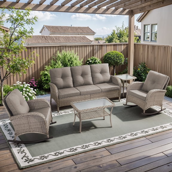 Opohoro 5-Piece Outdoor Conversation Set with Glider Chairs, Patio Sofa, Coffee & Side Tables, Gray/Gray