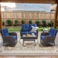 thumbnail image 1 of Opohoro 5-Piece Outdoor Conversation Set with Lounge Chairs, Patio Loveseat, Coffee & Side Tables, Brown/Blue, 1 of 11