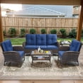 thumbnail image 1 of Opohoro 5-Piece Outdoor Conversation Set with Lounge Chairs, Patio Sofa, Coffee & Side Tables, Brown/Blue, 1 of 10