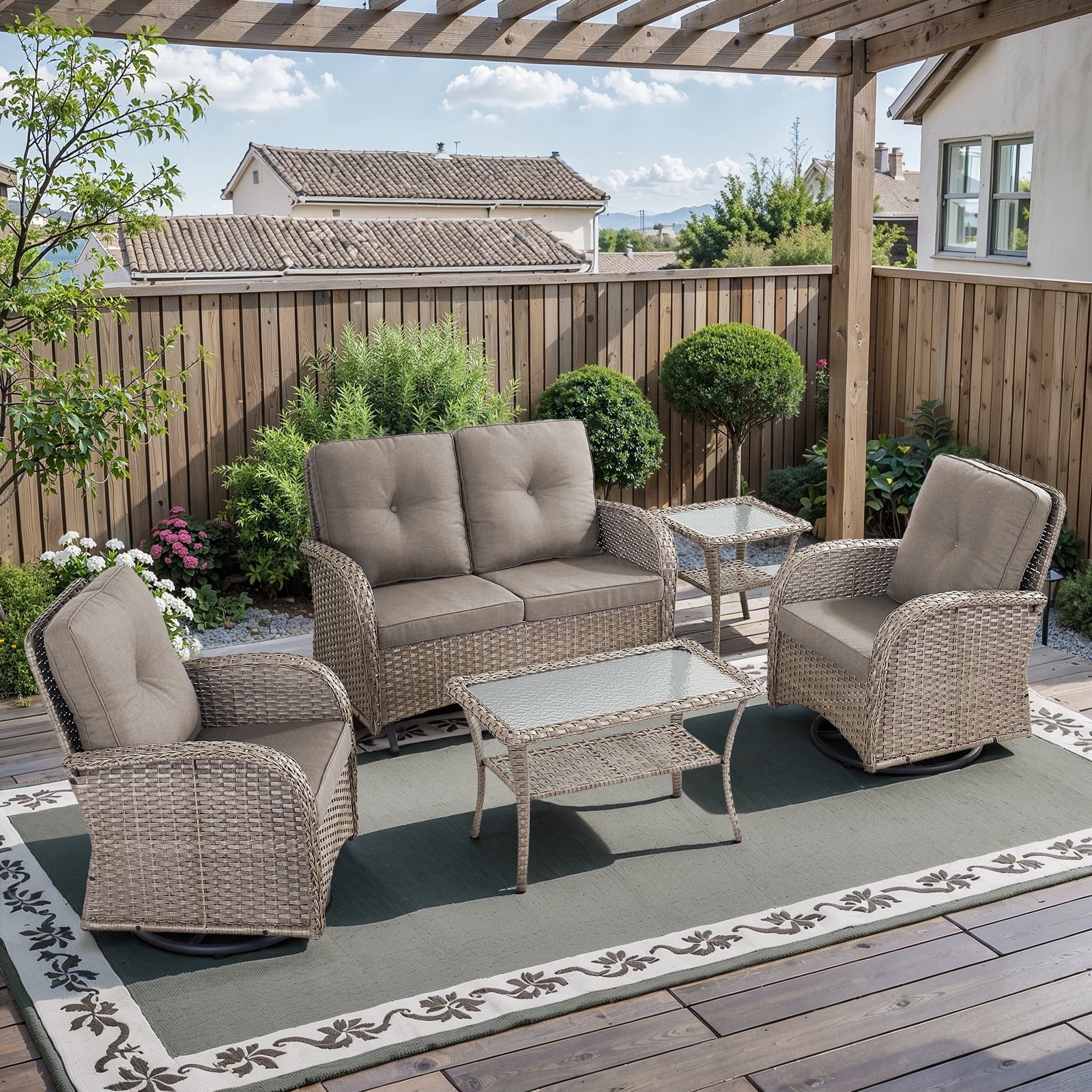 Opohoro 5-Piece Outdoor Conversation Set with Swivel Rocking Chairs ...