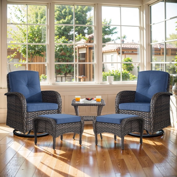 Opohoro 5-Piece Outdoor Conversation Set with Swivel Rocking Chairs, Ottomans & Side Tables, Brown/Blue
