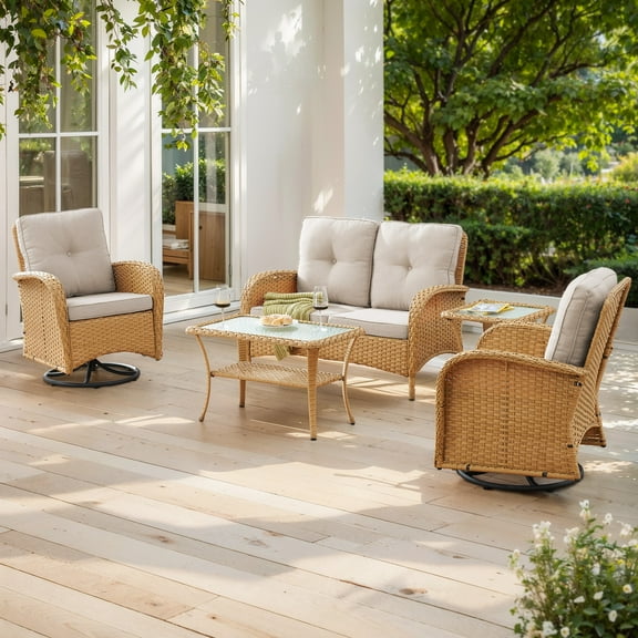 Opohoro 5-Piece Outdoor Conversation Set with Swivel Rocking Chairs, Patio Loveseat, Coffee & Side Tables, Yellow/Beige