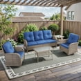 thumbnail image 1 of Opohoro 5-Piece Outdoor Conversation Set with Swivel Rocking Chairs, Patio Sofa, Coffee & Side Tables, Gray/Blue, 1 of 14
