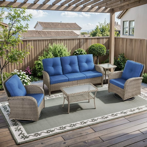 Opohoro 5-Piece Outdoor Conversation Set with Swivel Rocking Chairs, Patio Sofa, Coffee & Side Tables, Gray/Blue