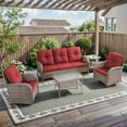 thumbnail image 1 of Opohoro 5-Piece Outdoor Conversation Set with Swivel Rocking Chairs, Patio Sofa, Coffee & Side Tables, Gray/Red, 1 of 14