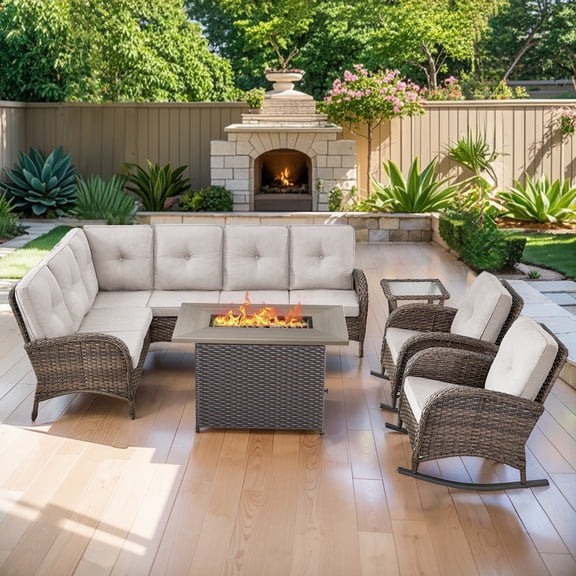 Opohoro 5-Piece Outdoor Wicker Patio Sectional Dining Set with 41" Fire Pit Table, Glider Chairs and Sectional Couch, Beige