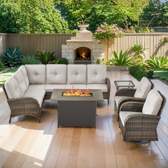 Opohoro 5-Piece Outdoor Wicker Patio Sectional Dining Set with 41" Fire Pit Table, Swivel Rocking Chairs and Sectional Couch, Beige