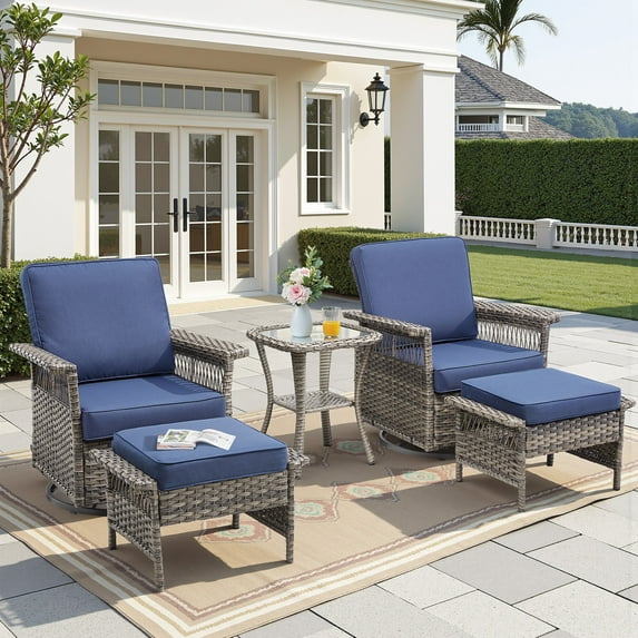 Opohoro 5 Piece Swivel Rocker Patio Chairs Set with Side Table and Ottomans, Ideal for Porch Balcony Garden, Gray/Blue