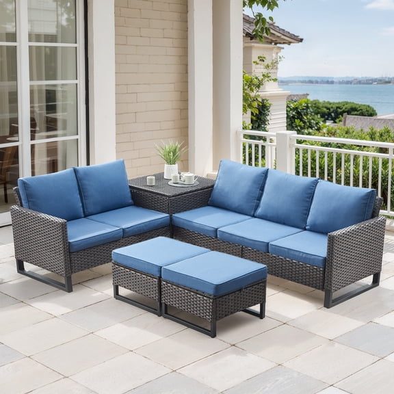 Opohoro 5 Pieces All-Weather Wicker Outdoor Patio Sectional Sofa Set With Storage Box and Ottomans, for Deck Backyard