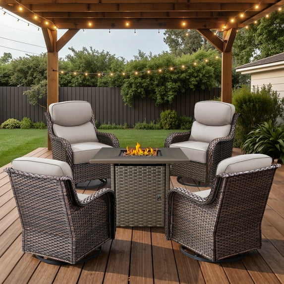 Opohoro 5 Pieces Outdoor Conversation Set with 30" Square Fire Pit Table, Brown Rattan Furniture Set with Swivel Rocker Chairs, Beige for Patio Backyard Deck