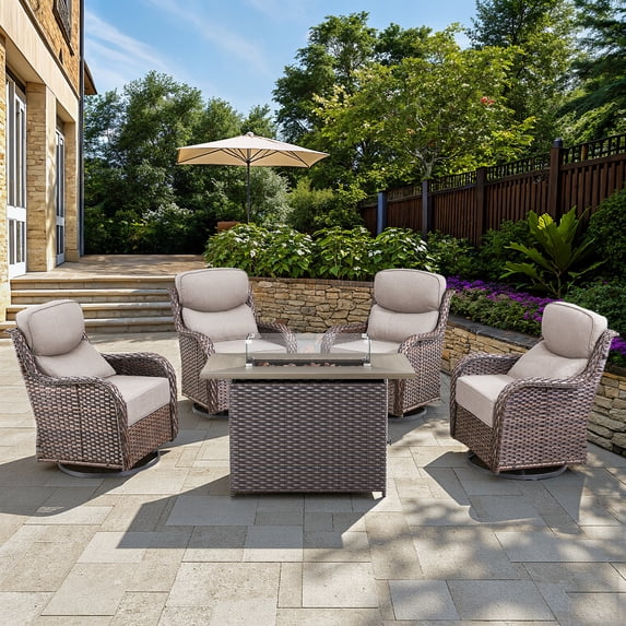 Opohoro 5 Pieces Outdoor Conversation Set with 41" Rectangular Fire Pit Table, Brown Rattan Furniture Set with Swivel Rocker Chairs, Beige for Patio Backyard Deck