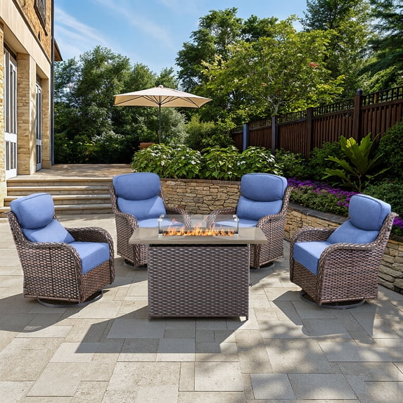 Opohoro 5 Pieces Outdoor Conversation Set with 41" Rectangular Fire Pit Table, Brown Rattan Furniture Set with Swivel Rocker Chairs, Blue for Patio Backyard Deck