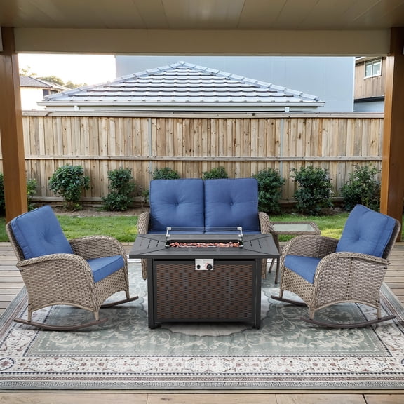 Opohoro 5 Pieces Outdoor Conversation Set with 43" Metal Fire Pit Table, Gray Rattan Loveseat Set with Glider Chairs and End Table, Blue for Patio Backyard