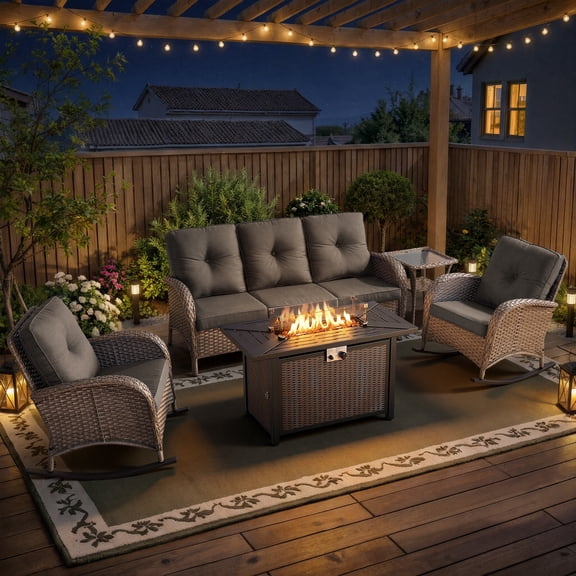 Opohoro 5 Pieces Outdoor Conversation Set with 43" Metal Fire Pit Table, Gray Rattan Sofa Set with Glider Chairs and End Table, Gray for Patio Backyard